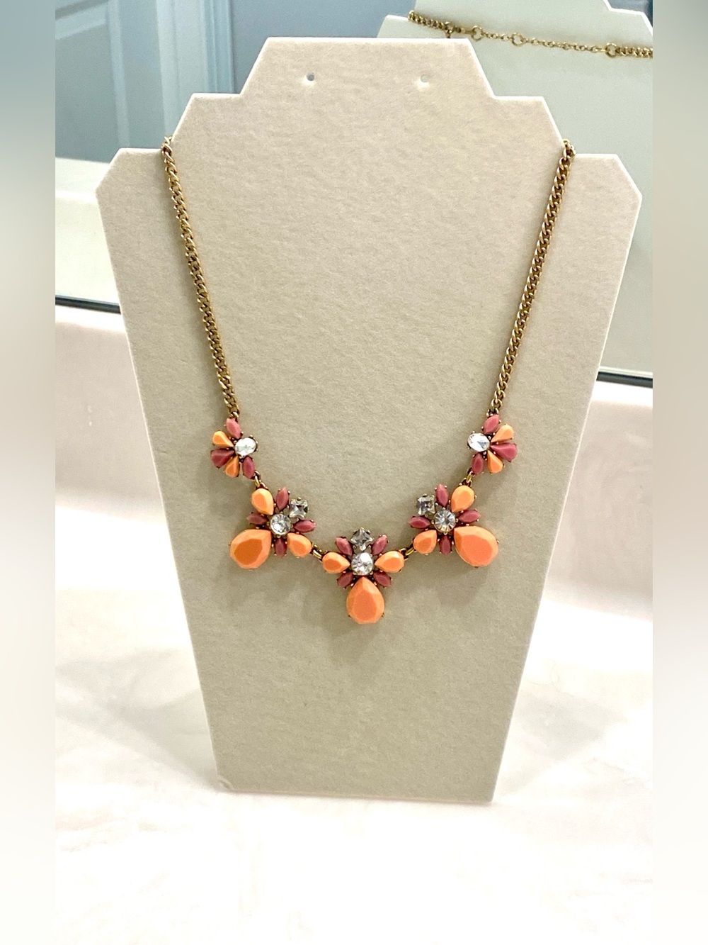 J. Crew Coral and Pink Floral Statement Necklace with Gold Chain